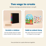 Scratch and Sticker Stocking Duo explained: reveal rainbow colours on black scratch sheets, then peel and move animal stickers to build a story.