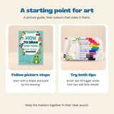 Draw and Colour Gift Duo explained: use the Frog Drawing Adventure picture guide, then add broad colour and small details with twelve dual-tip markers.