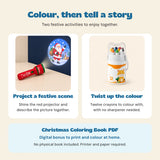 Christmas Eve Story and Colour Gift explained: project Christmas scenes, colour with twelve twist-up crayons, and print the digital Christmas Coloring Book PDF at home. No physical book included.