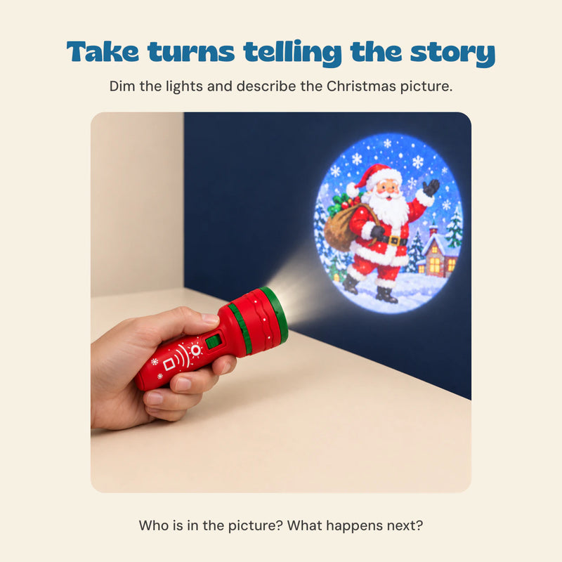 A hand holding the red Christmas flashlight projector toward its Santa picture. A shared play prompt asks who is in the picture and what happens next.
