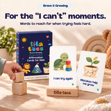 For the I can't moments. Brave & Growing affirmation cards with green Courage & Resilience box subtitle and Gliker headline. Product design mockup.