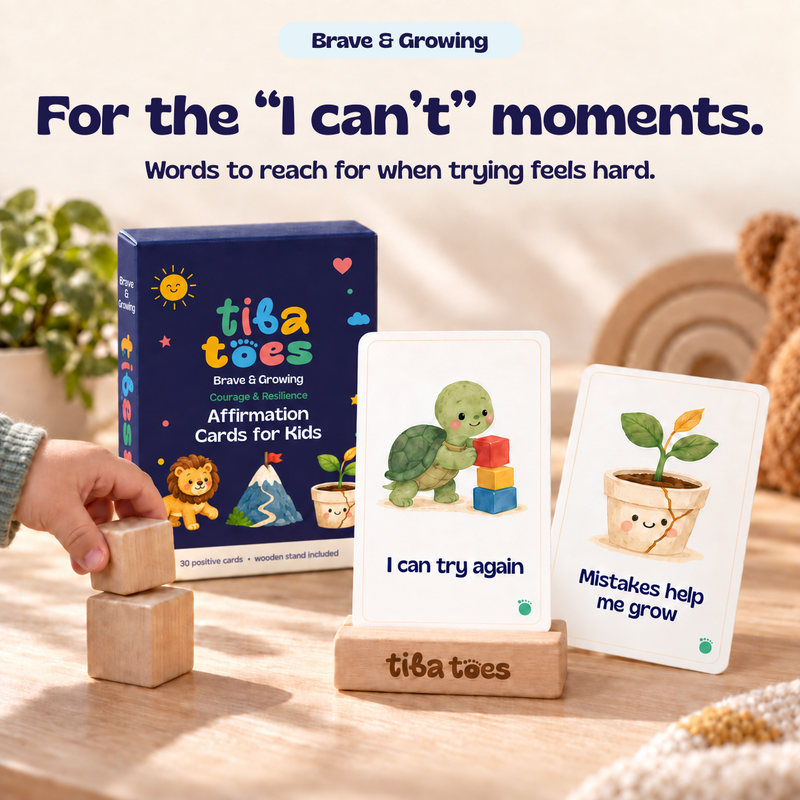 For the I can't moments. Brave & Growing affirmation cards with green Courage & Resilience box subtitle and Gliker headline. Product design mockup.