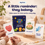 A little reminder: they belong. My First affirmation cards with yellow Everyday Confidence box subtitle and Gliker headline. Product design mockup.
