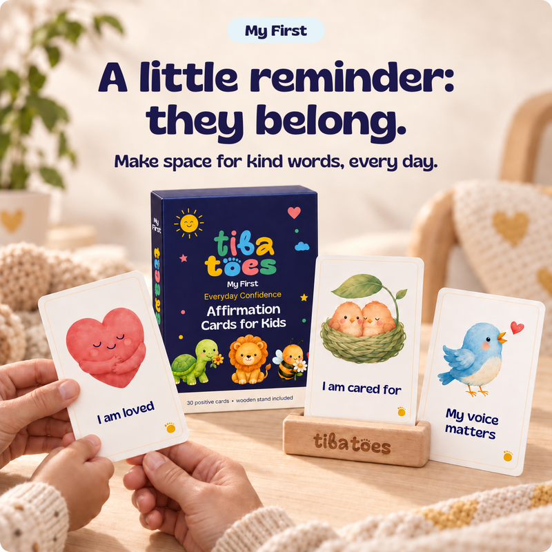 A little reminder: they belong. My First affirmation cards with yellow Everyday Confidence box subtitle and Gliker headline. Product design mockup.