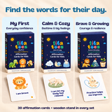 Choose their little boost. Three affirmation decks with blue Calm & Cozy, yellow My First and green Brave & Growing subtitles. Product design mockup.