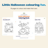 Actual Halloween Coloring Book cover with pumpkin and cottage colouring pages on a calm beige background.