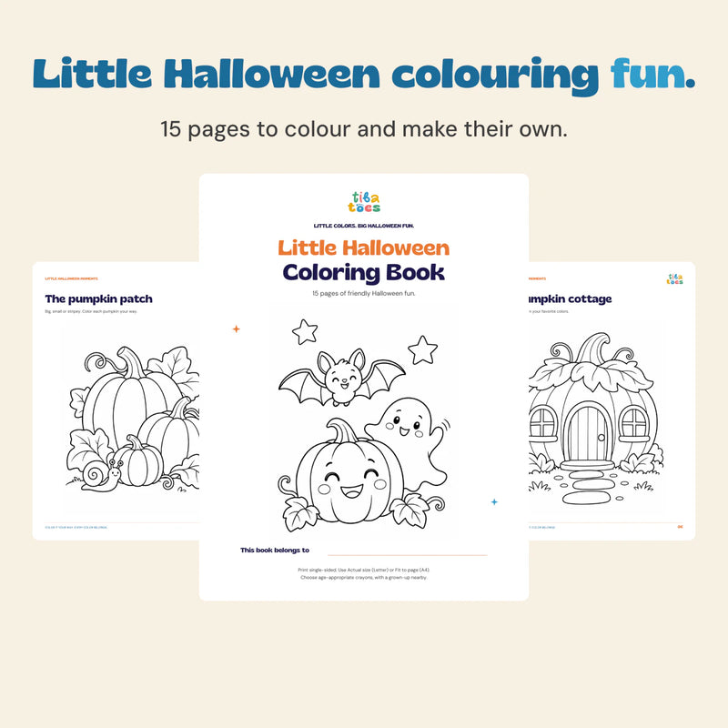 Actual Halloween Coloring Book cover with pumpkin and cottage colouring pages on a calm beige background.