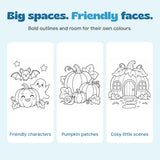 Original black-outline Halloween artwork showing friendly characters, a pumpkin patch and a pumpkin cottage.