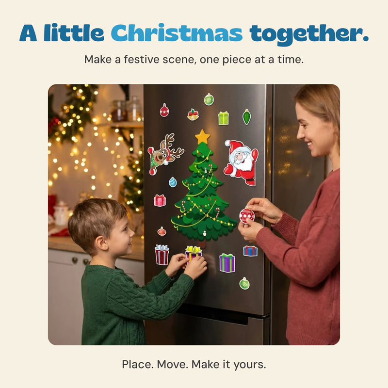 An existing product photograph of a mother and child arranging the Christmas magnets on a refrigerator.