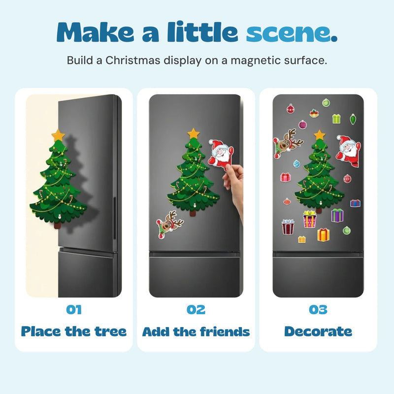 Three views show the tree placed on a refrigerator, Santa added by hand, and ornaments arranged around the tree.