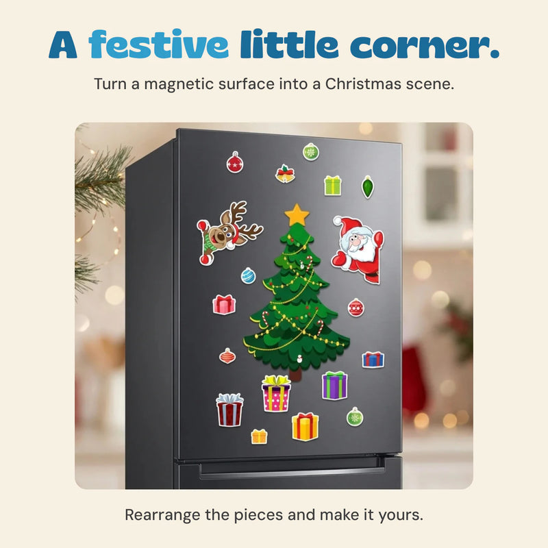 The original Christmas magnetic scene arranged on a refrigerator in a softly lit festive room.