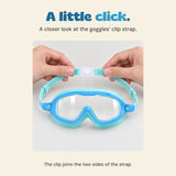 Adult hands hold the aqua goggles strap beside its closed white round-button clip, showing the blue and aqua goggles below.