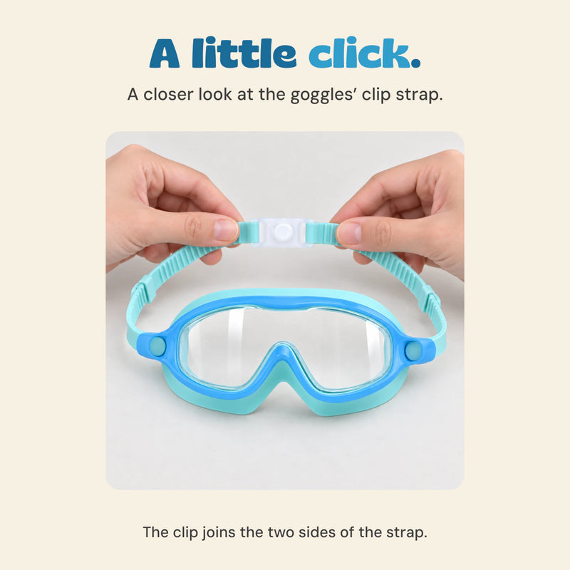 Adult hands hold the aqua goggles strap beside its closed white round-button clip, showing the blue and aqua goggles below.