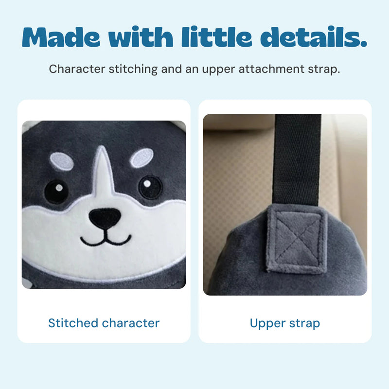 Close views of the stitched husky face and upper strap attachment.