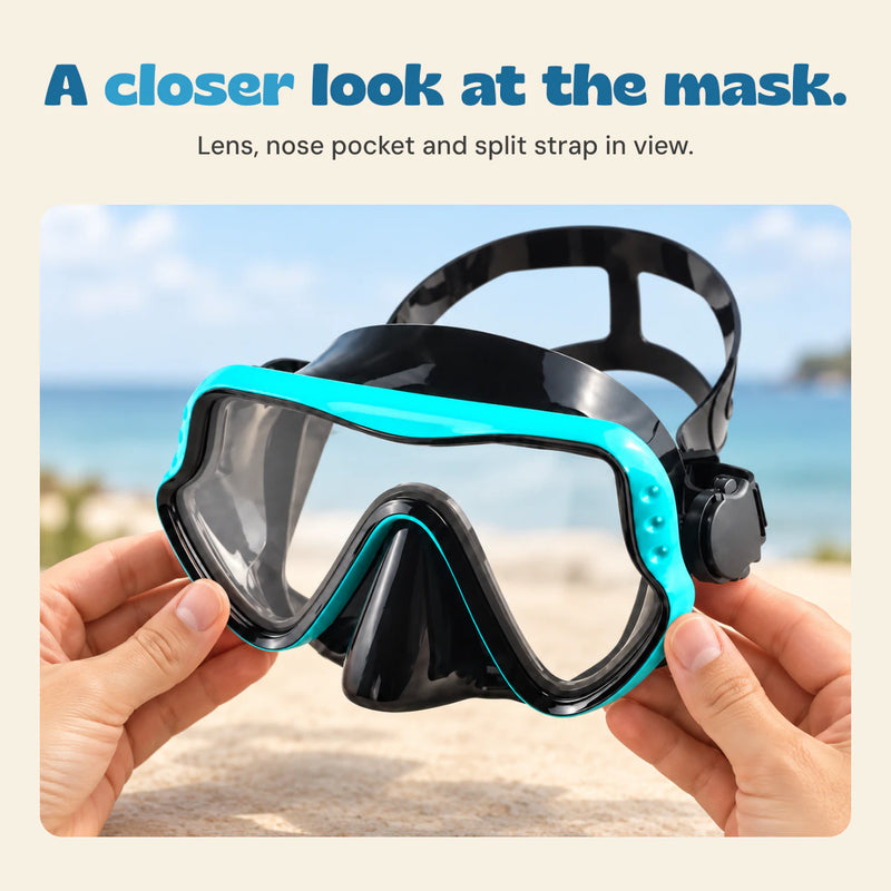 Two adult hands hold the turquoise and black snorkel mask, showing its clear lens, nose pocket and split strap.