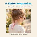 Original product photograph of a child wearing pink glasses with the pink character keeper cord. Glasses are not included.