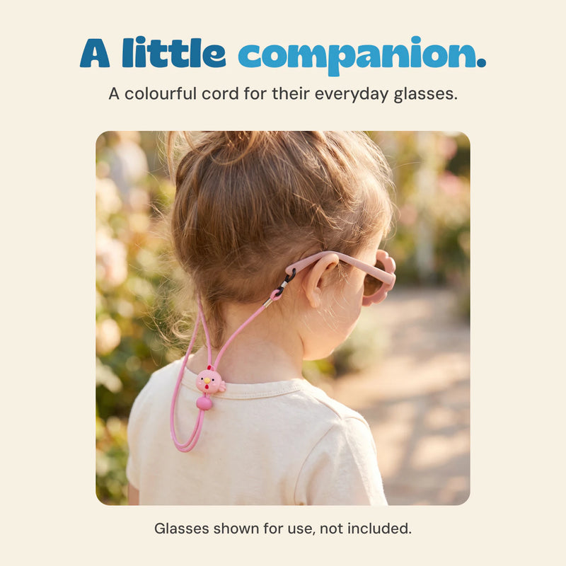 Original product photograph of a child wearing pink glasses with the pink character keeper cord. Glasses are not included.