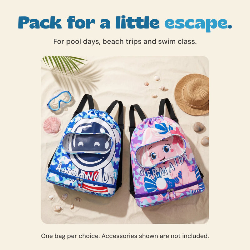 Blue and pink swim bags on sand in the original beach setting. Choose one bag; accessories shown are not included.