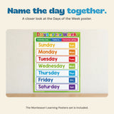 Days of the Week learning poster displayed on a neutral wall above a wooden surface.