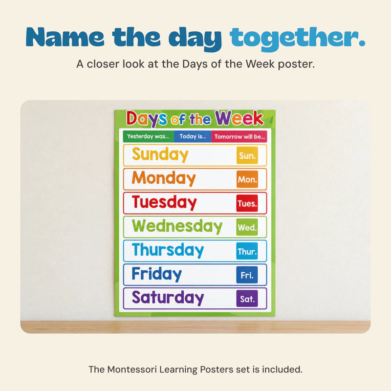 Days of the Week learning poster displayed on a neutral wall above a wooden surface.