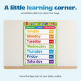 Days of the Week chart displayed on a plain warm wall above an oak shelf.