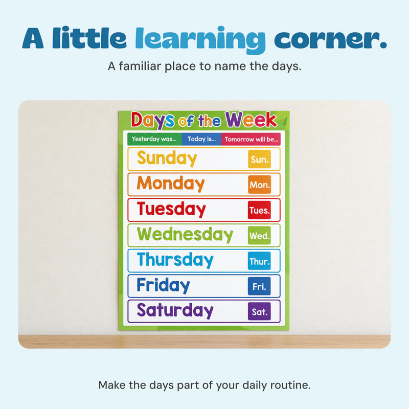 Days of the Week chart displayed on a plain warm wall above an oak shelf.