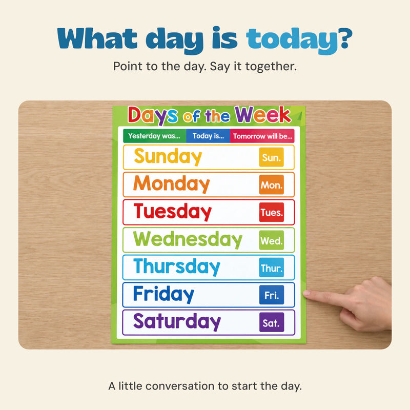 An adult hand points beside Friday on the Days of the Week chart on an oak table.