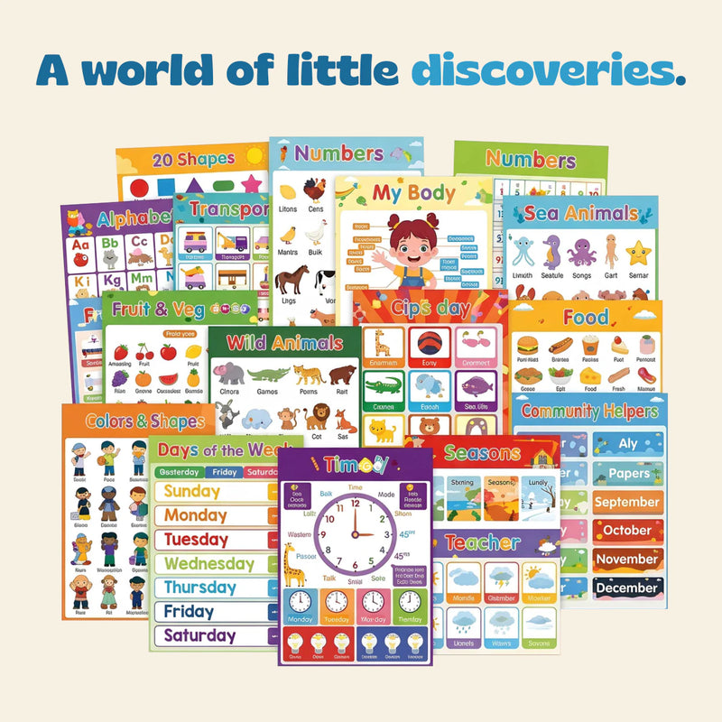 Montessori Learning Posters collection, closely cropped around the educational charts on a warm beige background.
