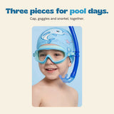 The child from the original product photograph wears the Dolphin Blue cap and goggles, with the blue snorkel beside the face. The original person and product photograph are retained.