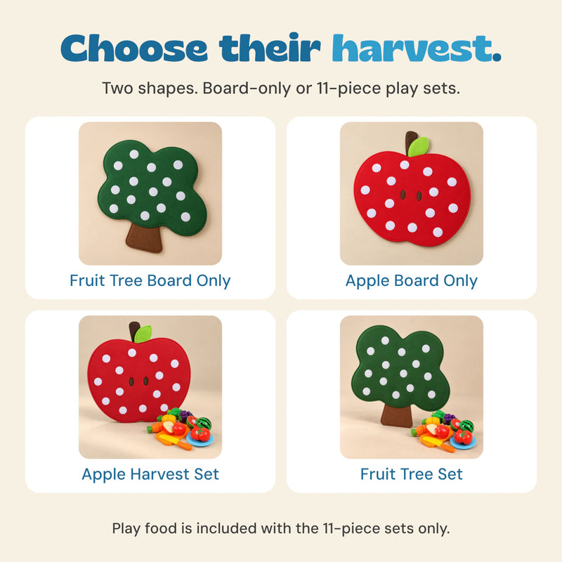 The four Little Harvest options, showing board-only and 11-piece play sets separately.