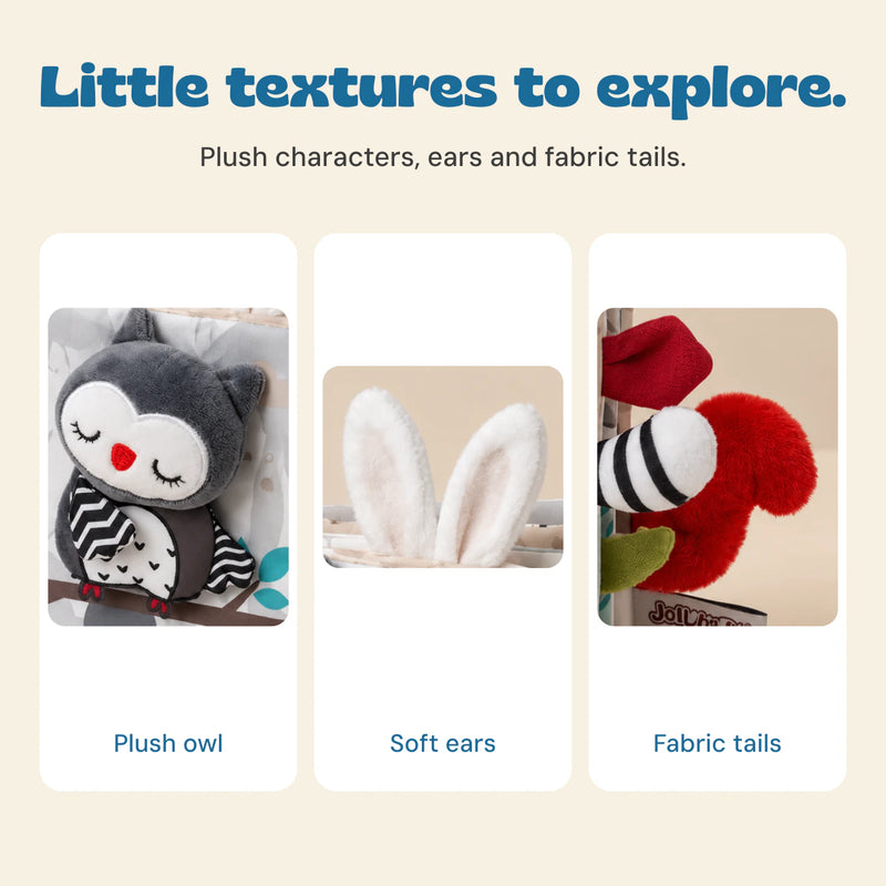 Details of the Animal Kingdom sensory book: plush owl, soft rabbit ears and striped fabric tail.
