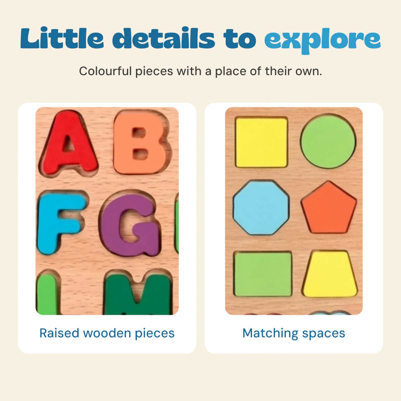 Native close-up crops of the original wooden letter and shape puzzle pieces.