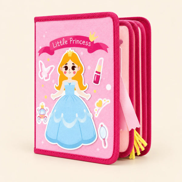 Pink felt Little Princess busy book with its original princess cover, raspberry edging, ribbon and layered pages on warm beige.
