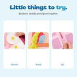 Original close-up photos of the yellow snap button, yarn braid and pink zipper activities.