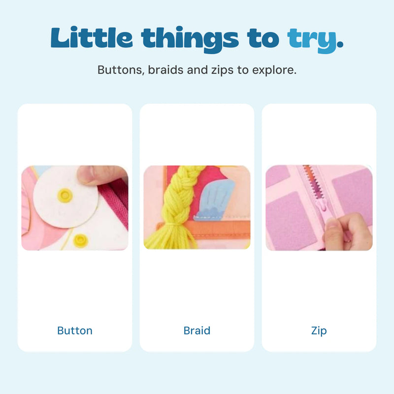 Original close-up photos of the yellow snap button, yarn braid and pink zipper activities.