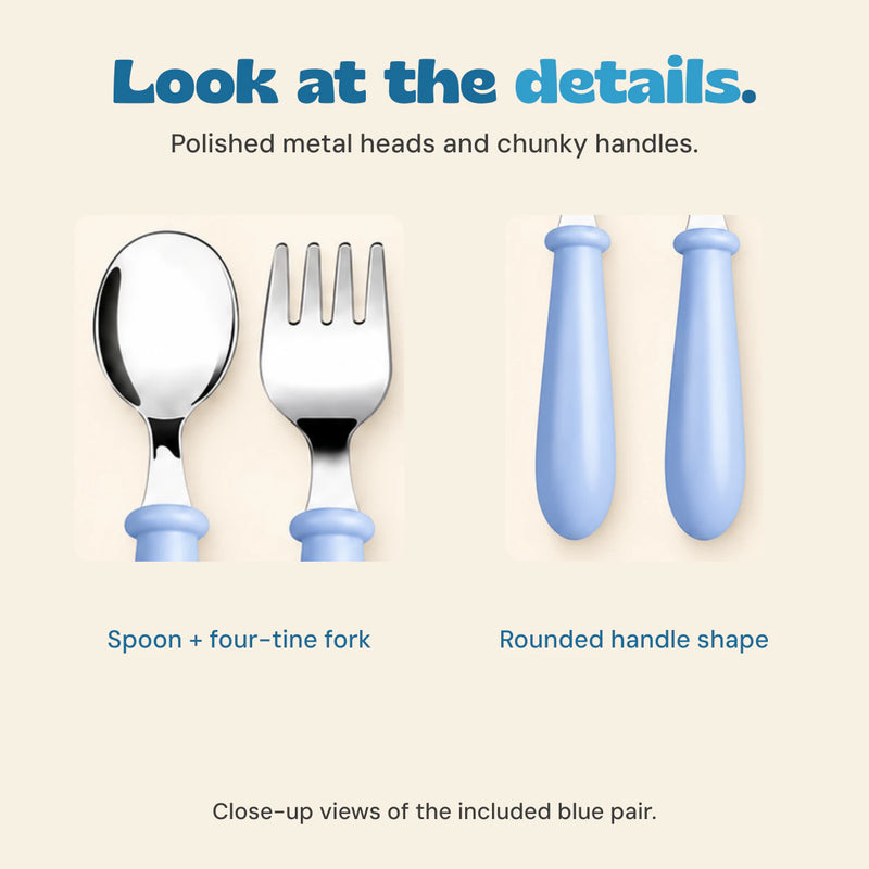 Close-ups of the blue pair, showing the spoon bowl, four fork tines and rounded chunky handles.