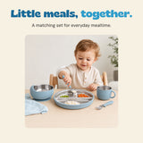 The existing source child scoops rice with the Sky Blue spoon, beside the matching bowl, three-section plate, cup and fork.