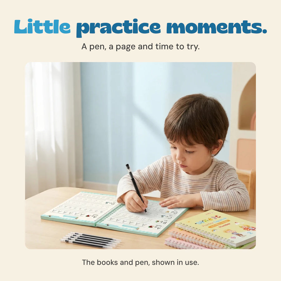 A child writing with the black pen in an open practice copybook at a table, with the other books and refills nearby.