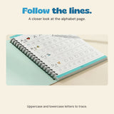 Unchanged close photograph of the alphabet practice page with uppercase and lowercase A, B, C and D letter guides and the pen tip.
