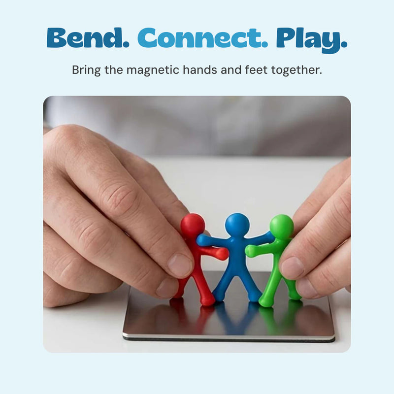 Hands connecting three magnetic figures on a metal surface.
