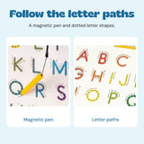 Follow the letter paths. A magnetic pen and dotted letter shapes.