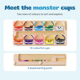 Details of the ten monster cups and the long bead channel along the bottom of the board.