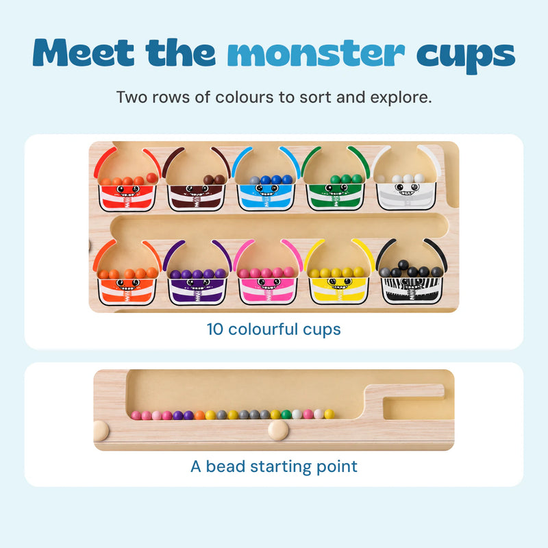 Details of the ten monster cups and the long bead channel along the bottom of the board.