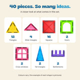 The supplied 40-piece magnetic tile set contents, with quantities by shape.