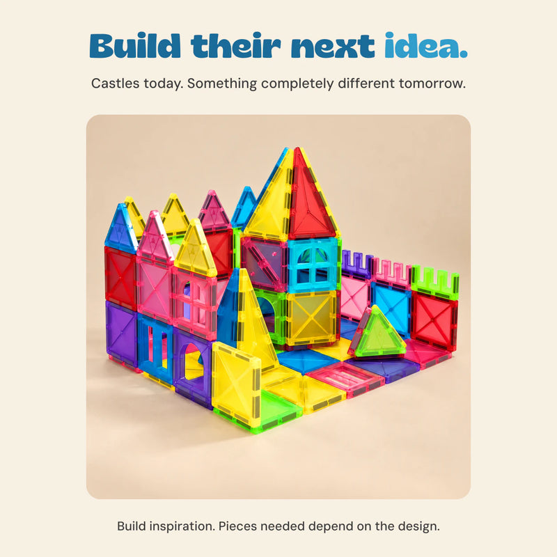 A castle-building idea made with colorful transparent magnetic tiles.