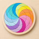 TibaToes Rainbow Mandala Puzzle Blocks, Ocean Spiral Puzzle in its wooden tray