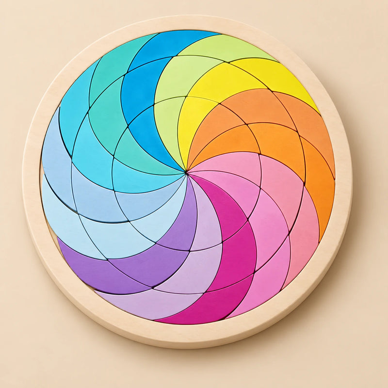 TibaToes Rainbow Mandala Puzzle Blocks, Ocean Spiral Puzzle in its wooden tray