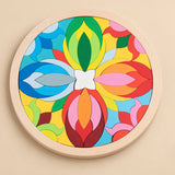 TibaToes Rainbow Mandala Puzzle Blocks, Flower Spiral Puzzle in its wooden tray