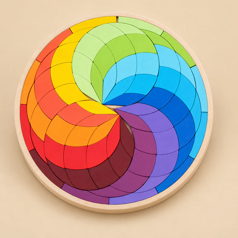 TibaToes Rainbow Mandala Puzzle Blocks, Sunset Spiral Puzzle in its wooden tray