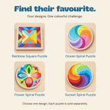 Four separate Mandala Puzzle choices: Rainbow Square, Ocean Spiral, Flower Spiral and Sunset Spiral